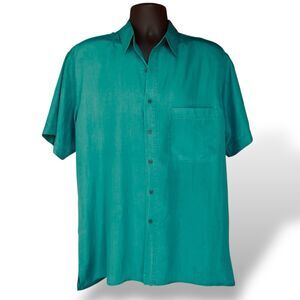 Robert Stock 100% Silk Button Shirt Men Size M Short Sleeve Turquoise Green READ